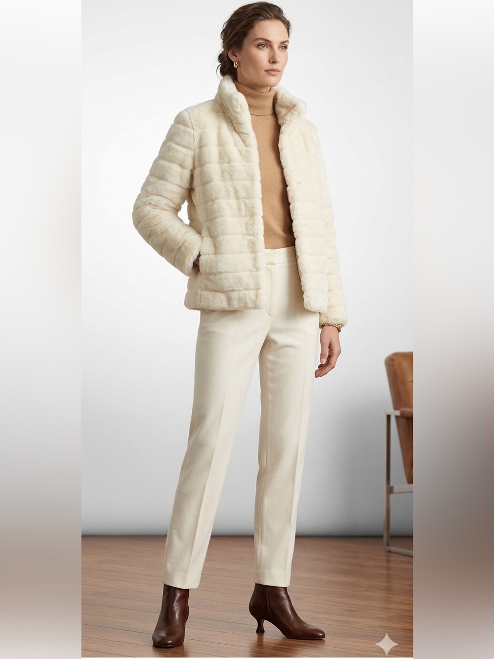 Cream Faux Fur Quilted Jacket Lined Size Small